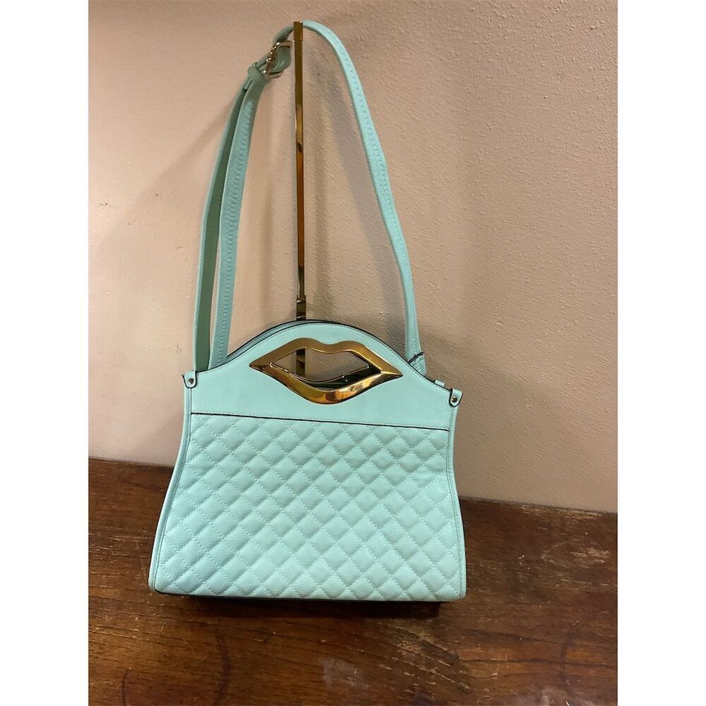 Light Blue Quilted Shoulder Bag with Gold Lip Handle Medium Size​​